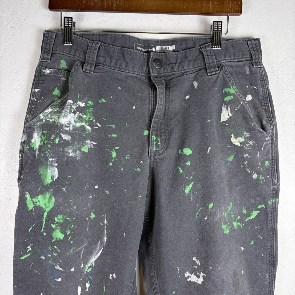 Carhartt Dark Gray Pants with Green & White Paint Splatter - Picture 3 of 10